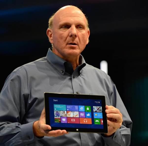 Steve Ballmer, presenting to the Surface tablet with Windows 8, the one that went on to sell modestly