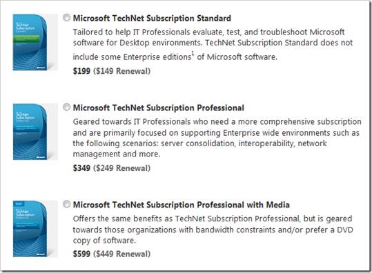 Description: There are three different levels: TechNet Standard, Professional and Professional with media.