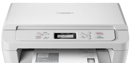 This Brother DCP7055W has a flatbed scanner with a cover, plus a control panel with LCD display and function buttons.