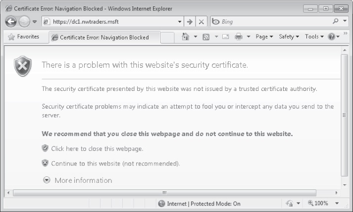 The warning message given by Internet Explorer if it doesn't trust the certificate authority