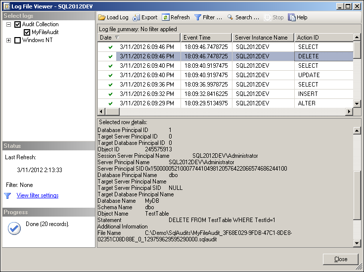Displaying audits recorded to the file system using the Log File Viewer in SSMS.