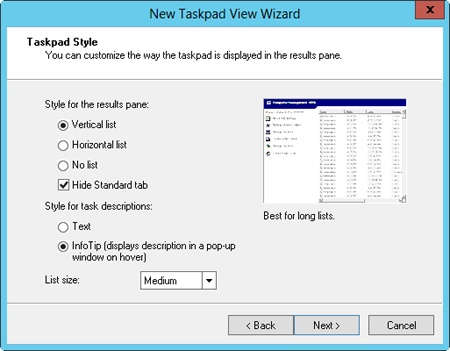 Configure the taskpad display in the New Taskpad View Wizard.