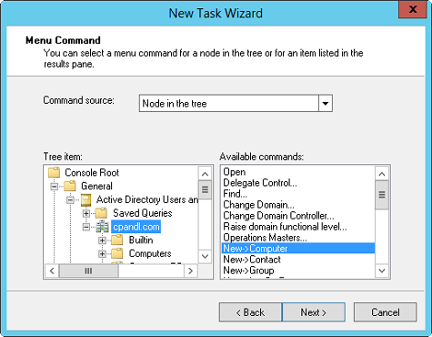 Select a command source and then choose a command from the list of available commands.