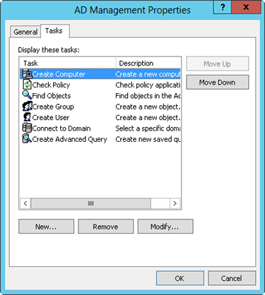 Use the Tasks tab in the taskpad Properties dialog box to arrange, create, edit, and remove tasks.