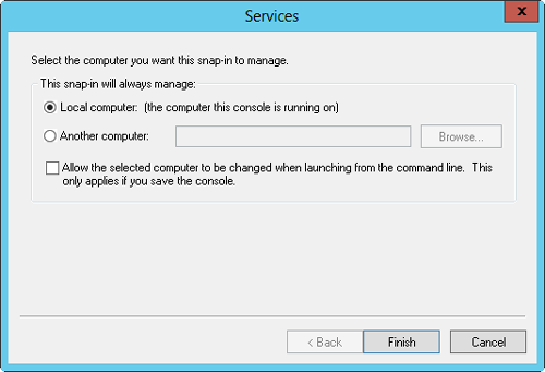 This Services dialog box is where you specify which computer a snap-in will manage.