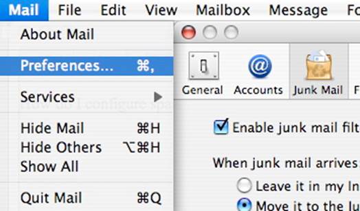 To enable the Mail spam filter, navigate to Mail > Preferences > Junk Mail. 