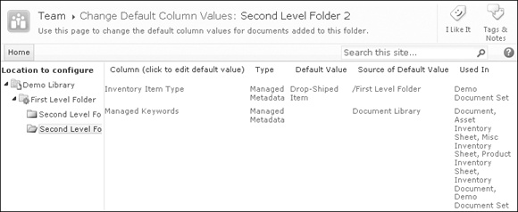 The Change Default Column Values settings page