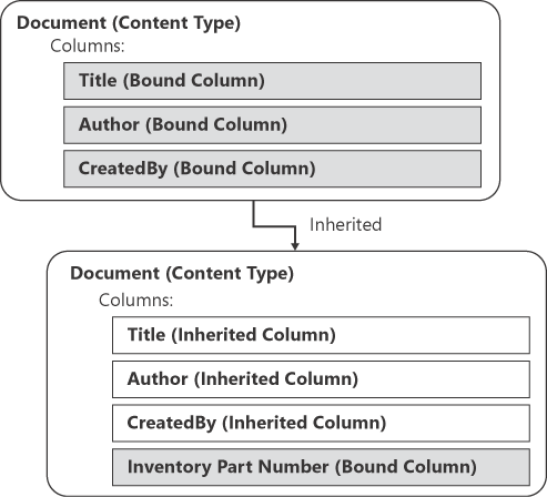 An example of an inherited content type structure; the shaded columns are bound and the other columns are inherited.