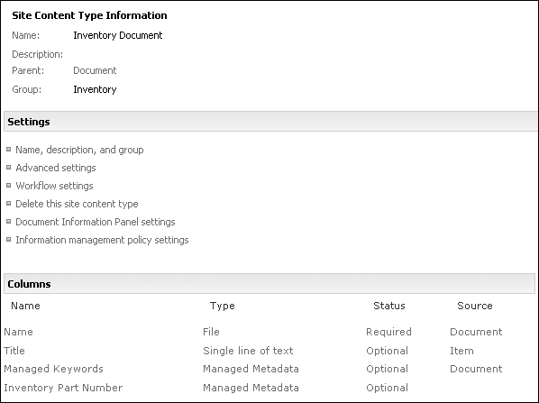 The new Inventory Document content type, as seen from the content type settings page