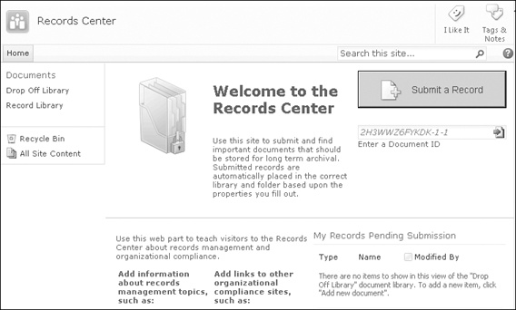 The Welcome page of the improved Records Center site