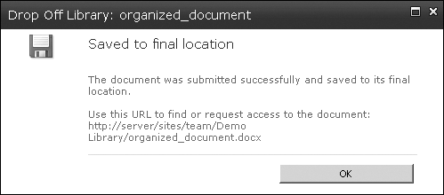 Confirmation window showing where the document has been stored
