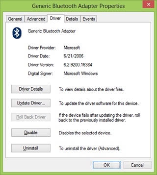 Driver information for the Bluetooth adapter