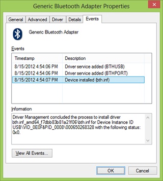 The Events tab for the Bluetooth adapter