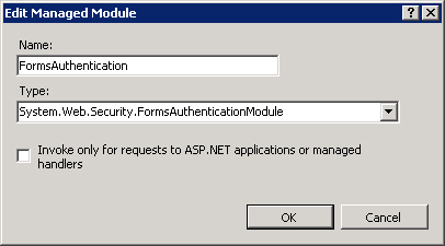 Using IIS Manager to enable the Forms Authentication module to run for all requests.