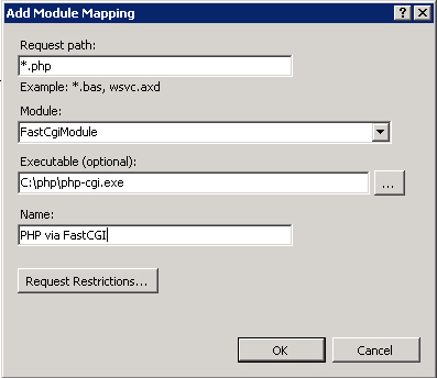 Adding a FastCGI handler mapping for PHP in IIS Manager.