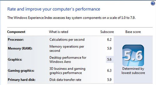 Scores by the Windows Experience Index tool