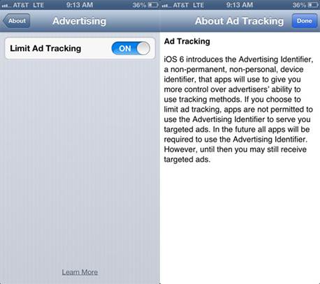 Tap and then slide on the  “Limit Ad Tracking” feature to help prevent inquisitive online  marketers from bombarding you with targeted ads on your iOS device.