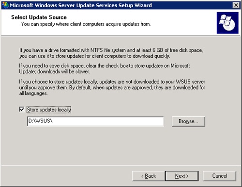 The Select Update Source dialog box of the Microsoft Windows Server Update Services Setup Wizard