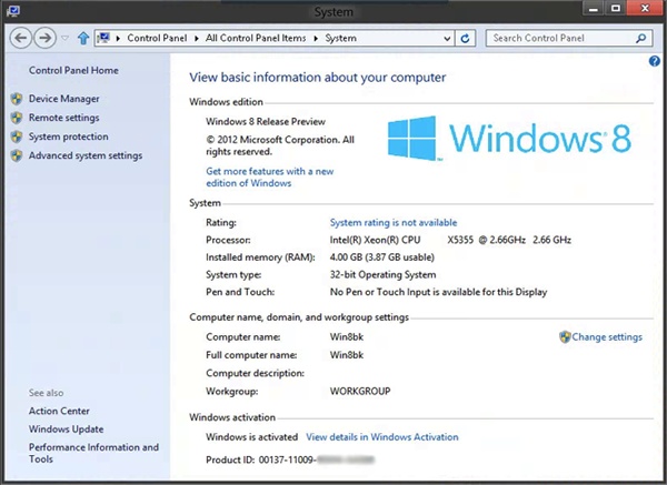 The hardware configuration for a Windows 8 computer