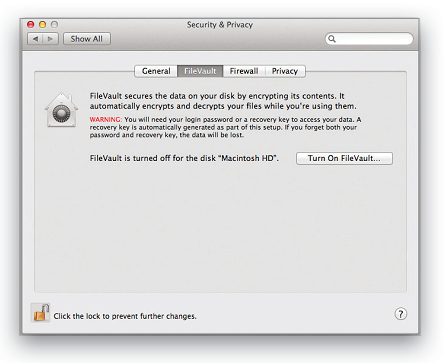 Description: Use FileVault to encrypt your entire drive. Don't forget your password.