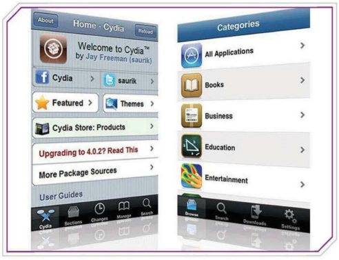 Description: Open App Stores: Cydia (L) is an alternative App Store for jailbroken iPhones, but the apps on offer here are not tested. Malware can easily spread via illegal shops like Hackulous (R).