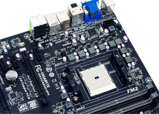 As a UP4-designated motherboard, this F2A85X will be built to GIGABYTE's Ultra Durable 5 standard featuring including IR3550 PowIRstage ICs from International Rectifier, 2X Copper PCB and high current Ferrite Core Chokes rated up to 60A