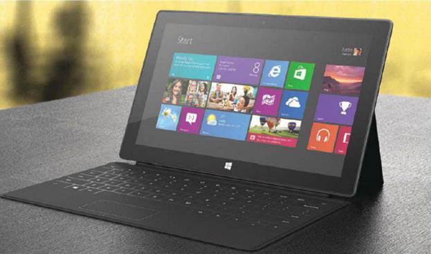  
Microsoft’s tablet (shown with optional keyboard) is strong on design.
