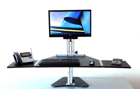 Ergo Desktop’s Kangaroo desk stands, for example, sit on top of standard-sized office desk and raise your monitor and keyboard to standing height