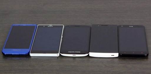 In turn, from left to right are Sharp Aquos Zeta, Sony Xperia Z, Sharp SH930W, Oppo FInd 5 and HTC Butterfly.