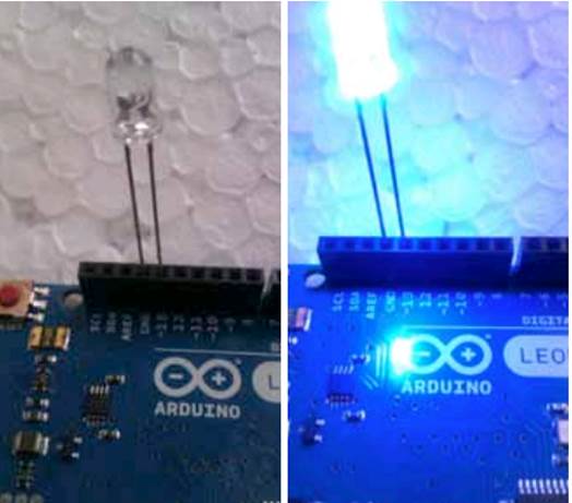 The Arduino LED shown blinking
