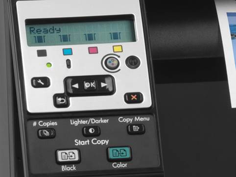 It has a 2-line LCD screen that outputs text only. This displays the current status of the printer.