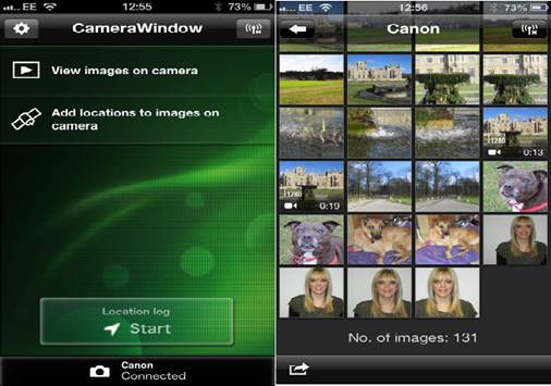 Interface on mobile device after the camera is connected via Wi-Fi
