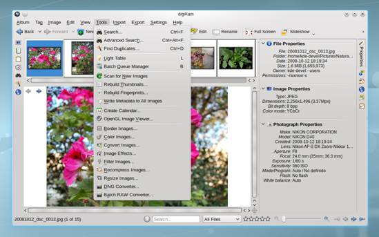 DigiKam enables the user to export to a large number of file formats and can upload to and download from various photo sharing sites
