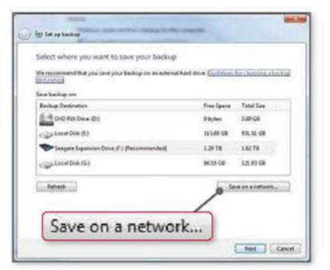 Click ‘Save on a network’ to send PC back-ups to your server