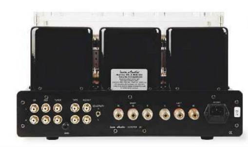 Three line level inputs and a tape loop, plus outputs for 4 or 8ohm loudspeakers. The small switch near the center sets the overall gain to either high or low by altering the feedback