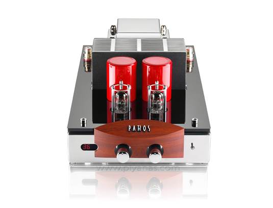 Rotary encodes govern stepwise volume and input selection. A pair of 6922 triodes form the line input stage but the driver stage and power amp are solid-state