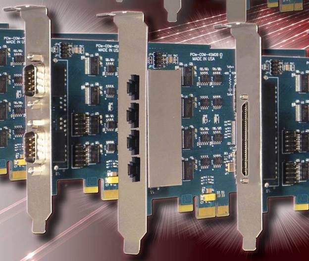 PCIe-COM series feature selection of 8, 4, or 2 ports of software-selectable RS-232, RS-422, and RS-485 serial protocols.