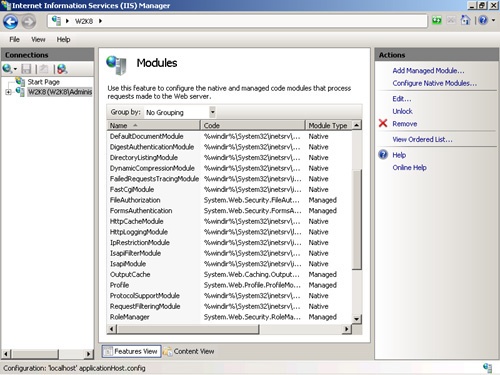 The Modules feature in IIS Manager.
