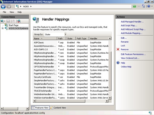 The Handler Mappings feature in IIS Manager.