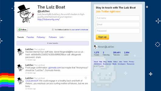 Description: Description: LulzSec claimed responsibility for the attack on their Twitter acount