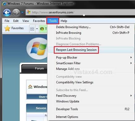 For example, the Tools menu has an option that will reopen all tabs from the previous Internet Explorer session