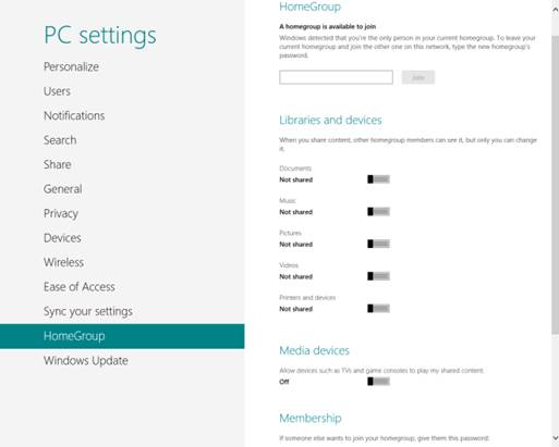 Change HomeGroup settings in the PC Settings menu