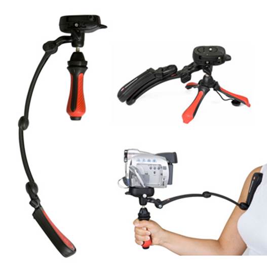 Steady as you go: Manfrotto’s Modosteady is one if number of compact stabilizers you can attach to your iPhone. Use it like this with dangling balance weight or brace the articulated arm horizontally against your body to help hold the camera firmly