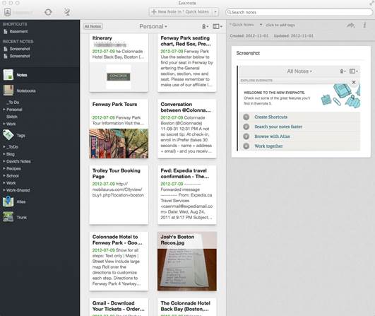 Evernote 5’s clean new interface includes the convenient Card view 