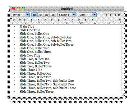 Bullet proof: You can create outline in many word processors, such as here in TextEdit. Completed outlines can be pasted into Keynote