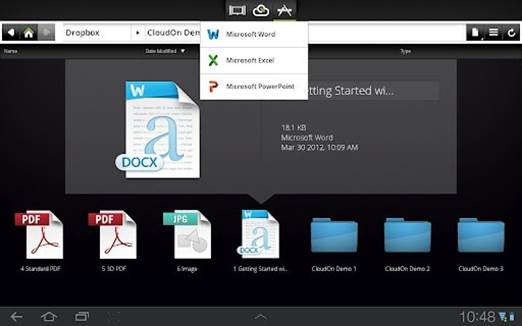 Your files are stored in the cloud, with CloudOn hooking into Google Drive, Dropbox, Box.net and SkyDrive. 