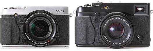 The front, the most obvious difference in design between the X-E1 and its big brother the X-Pro1 is the lack of optical viewfinder and its associated searching mode switch. The AF illuminating light moves closer to the handle, and the stereo microphones move onto the top plate.