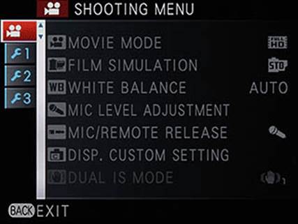 Movie mode shooting menu