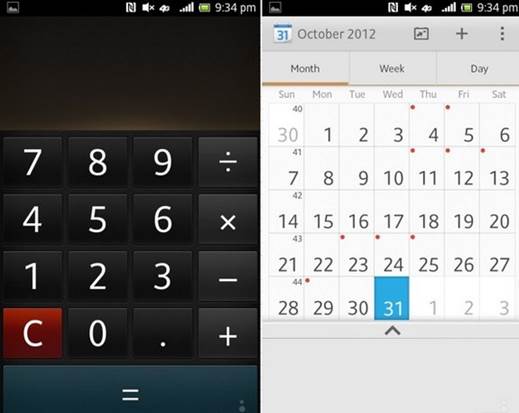 The phone’s calculator and calendar
