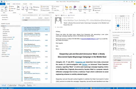With its last refresh Outlook got a ribbon, and grew cluttered. Microsoft has addressed this issue with a simple two-pane design comprising a list of messages and a preview pane. 